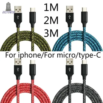 300pcs/veľa 2M 3M 1M dlhý Micro pletená tkanina nylon handričkou usb kábel pre samsung htc pre iphone 5 6 7 8 9 typeC usb c veľkoobchod