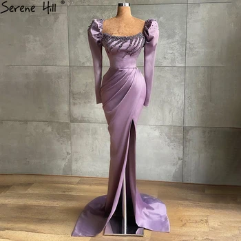 Serene Hill Fialová Vysoká Rozdeliť Morská víla Večerné Šaty Šaty 2023 Elegantné Saténové Lištovanie Pre Ženy Strany LA71090