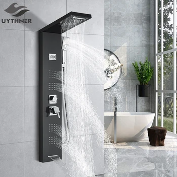 Black Kúpeľňa So Sprchou Kohútik Zrážok Sprchovací Panel Nastaviť Vaňou Ťuknite Na Položku Zmiešavač S Ručnou Sprchou Teplota Obrazovke Masáž Systém