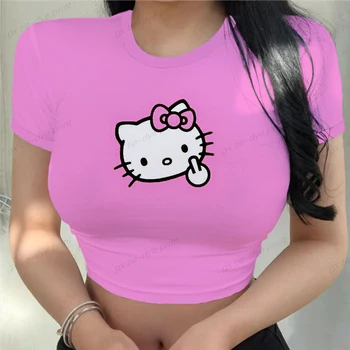 Hello Kitty Vytlačené Ženy T-shirts Harajuku 2023 Nové Vrcholy Bežné Tee Lete Krátky Rukáv Grafické Žena Slim Tričko pre Ženy