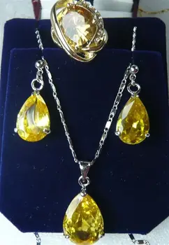 Yellow Crystal Strieborné Pozlátené Náušnice Krúžok(#7.8.9)Prívesok Šperky Nastaviť hodinky veľkoobchod Quartz jade CZ kryštálmi