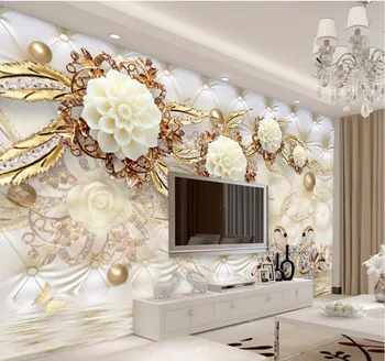wellyu abstraktných de parede Vlastnú tapetu 3d luxus zlato biele kvety mäkká taška loptu šperky TV späť foto tapety behang