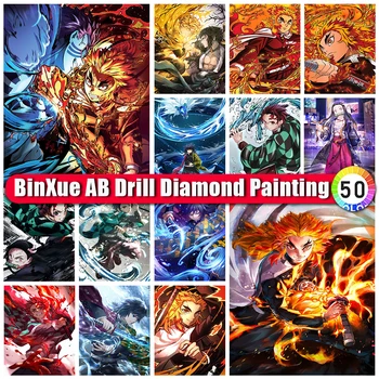 BinXue 5D DIY Démon Vrah AB Diamond Maľovanie Rengoku Kyoujurou Cross Stitch Kamado Tanjirou Ručné DIY Mozaiky Darček pre Deti