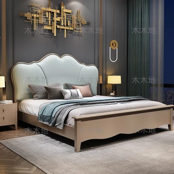 Pevná drevená posteľ taliansky ľahké luxusné Napa kože Americký Internet celebrity jednoduché spálňa svadobné posteľ