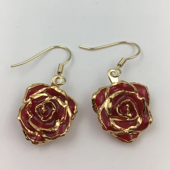 24K Zlatom Zachované Prírodné Červené Ruže Náušnice Kvetinové šperky pre Svadobných Hostí Dary a Valentines Day Darček
