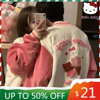 Sanrio Hello Kitty Kawaii Výšivky Kabát Na Jeseň Plyšové Velvet Textílie Bunda Anime, Komiksu Y2k Sladké Topy Dámske Baseball Jacket