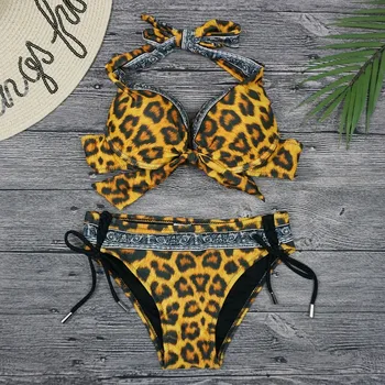 In vysokokvalitných Európskych a N Sexy Leopard Tlač Kravatu Ocele Podporu Módne Lone Bikini Beach Nové Rozdelenie Triangle Bikini 2023