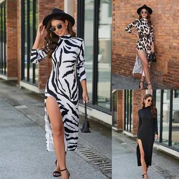 2023 Sexy Leopard Štrbinou Šaty Žien Jeseň a v Zime Zebra Vzor Sexy Rozdeliť Dlhý Rukáv Šaty
