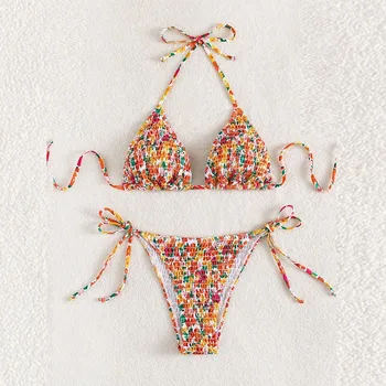 Dámske Sexy Kvetinová Tlač Ruched Špagety Popruh Bikini 2 Kus Plavky Brazílske plavky plážové oblečenie Plávať Lady Kúpajúcich