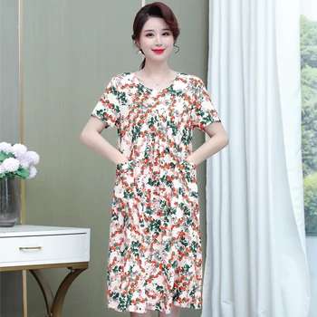 Stredný Vek Žien Letné Šaty kórejský Štýl 2023 Nové Tlač Nadrozmerná Vintage Šaty Letné Žena Oblečenie s Vreckami