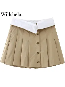 Willshela Ženy Móda Khaki Patchwork Skladaný Singel Svojim Mini Sukne Vintage Vysoký Pás Žena Lady Chic Sukne