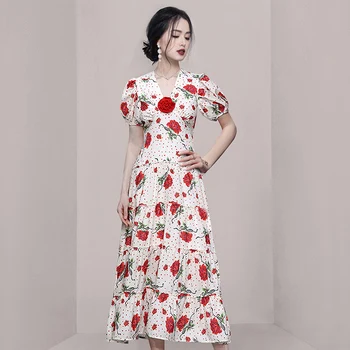Rose Tlač Šaty dámske Ľahké Letné kórejský Lady V Krku Bublina Krátky Rukáv Pás Prehrabať Dlhé Šaty Elegantné Denné Oblečenie pre voľný čas