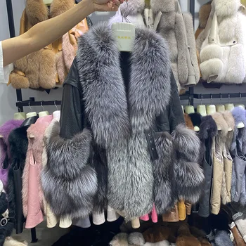 2021 Zimná Bunda Ženy, Skutočné Silver Fox Kožušinový Kabát Pravej Kože Prírodné Kožušiny Bunda Kórejský Streetwear Nadrozmerná Žena Parkas