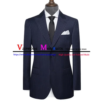 Prekladané Slim Fit Muži Obleky pre Formálne Svadby Smoking Drážkou Klope 2 Kusy Navy Blue Business Office Sako Fajčenie Masculino