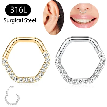 16G Piercing v Nose Krúžok CZ 316L Chirurgickej Ocele Hexagon Septum Klikateľné Segment Ucho Tragus Chrupavky Helix Daith Náušnice Šperky