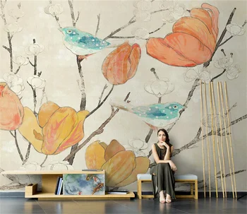 American ručne maľované abstraktné olej maľba kvetov a vtákov, kvetinové tapety obývacia izba TV pozadí steny na mieru nástenná maľba