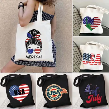 Vintage Mier USA Americká Vlajka Amerike Láska Srdce 4. júla Vlasteneckej Nakupovanie Harajuku Plátno Tote Bag Dievča Shopper Kabelky