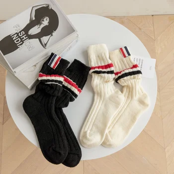 Bavlna Voľné Prekladané Posádky Ponožky Ženy Módne Farebné Harajuku Dizajnér Retro Dlhé Ponožky Školy Dievčatá Ponožky Čierne 2023