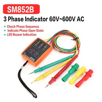 3 Fáza Otáčania Tester Digitálny Indikátor Fázy Detektor LED + Bzučiak SM852B Sled fáz Meter 60V~600V AC Napätie Test